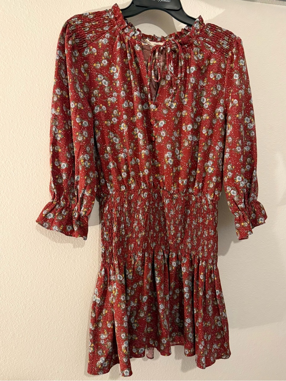 entro Red Floral Long-Sleeve Smocked Waist Dress